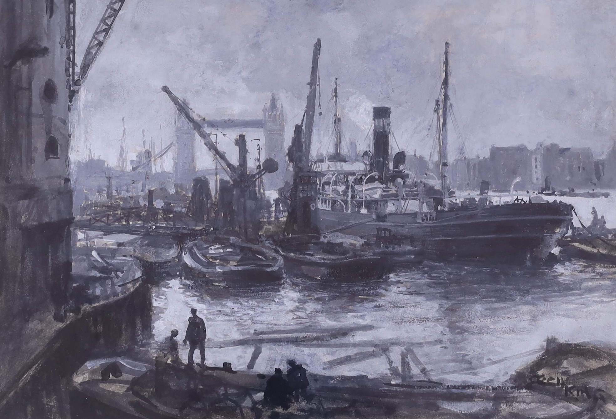 Cecil King (1881-1942), monochrome watercolour, 'Tower Bridge from the Thames', signed, 26 x 37cm